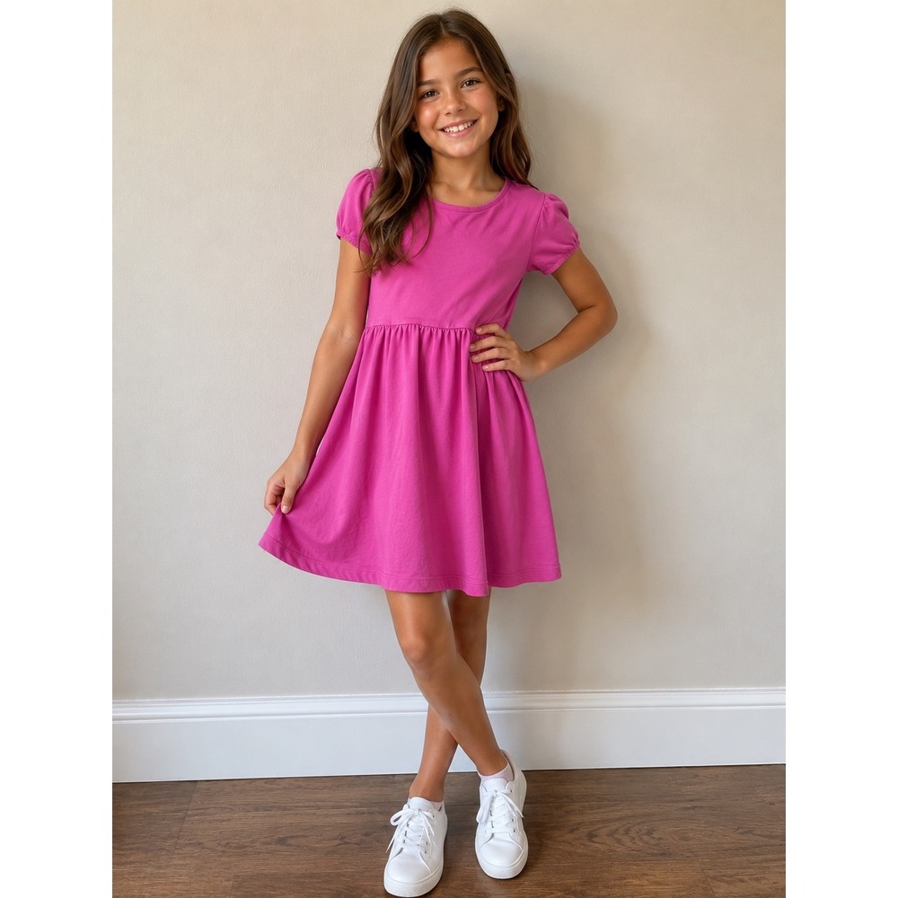 Primary Kids Puff Sleeve Pocket Dress Fuchsia Pink 100% Cotton Size 12